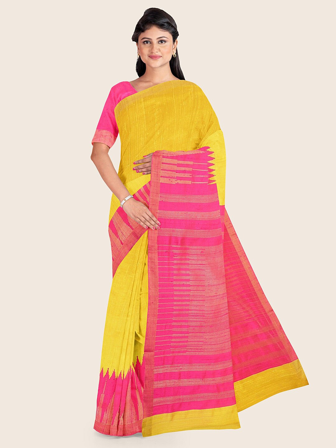 

Pothys Yellow & Pink Jute Silk Saree