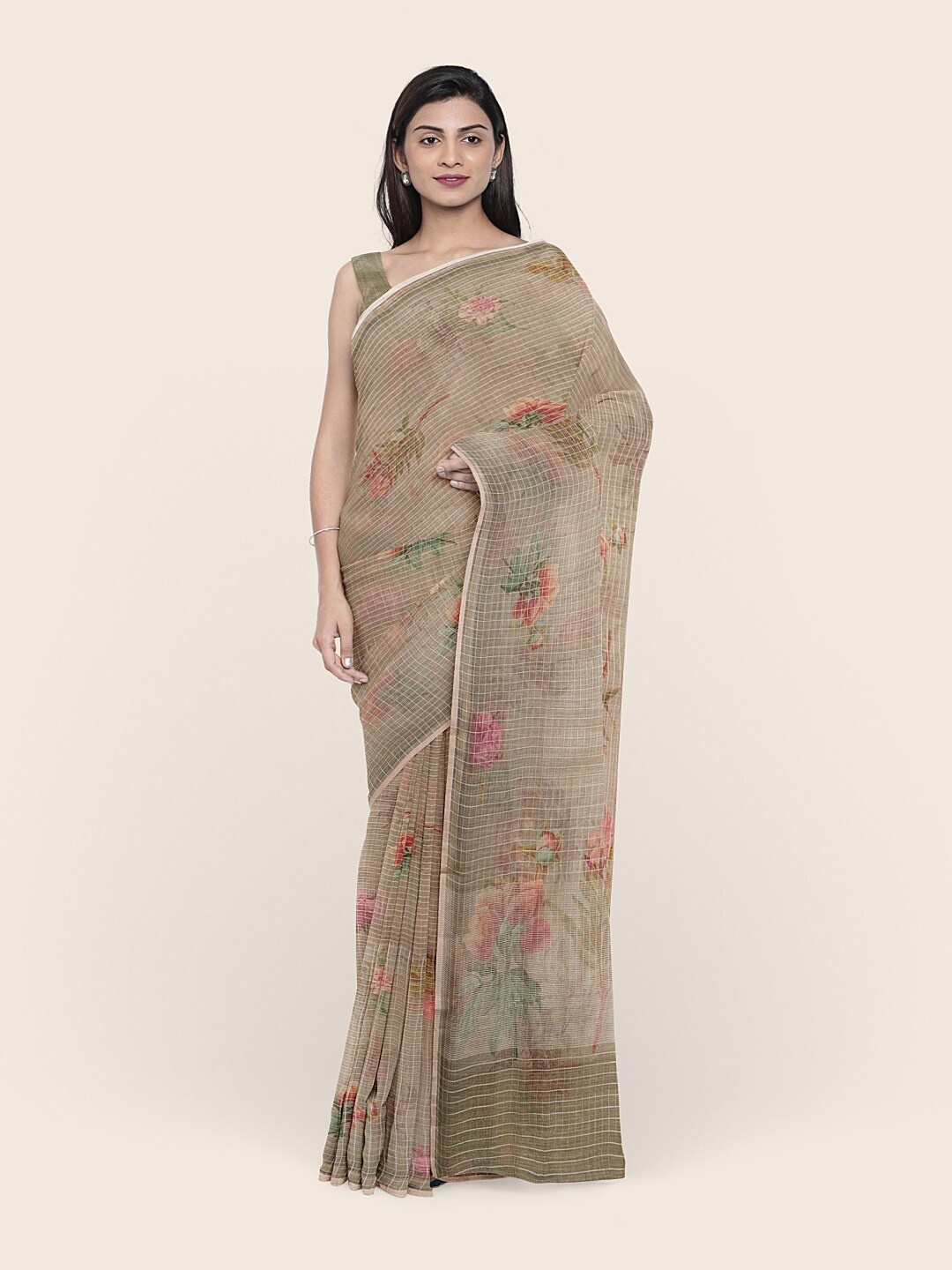 

Pothys Tan & Pink Floral Organza Saree