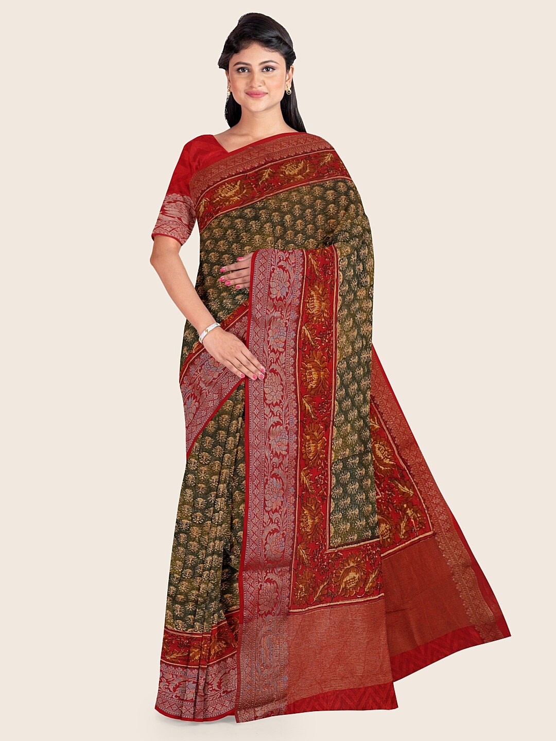 

Pothys Green & Red Floral Saree