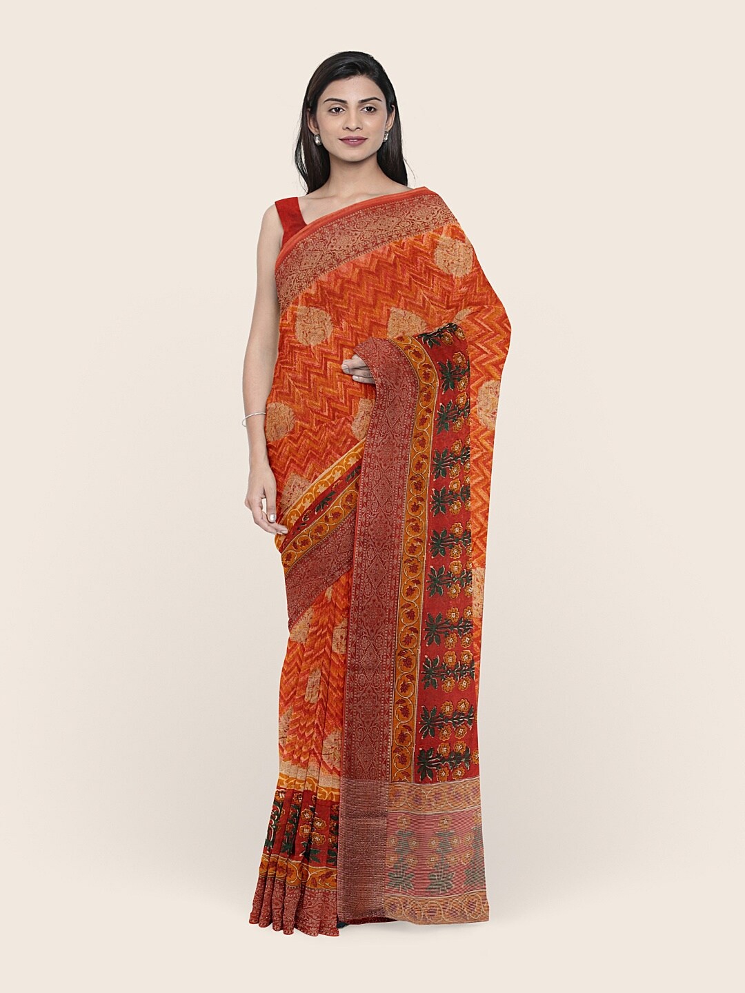 

Pothys Mustard & Orange Ethnic Motifs Chanderi Saree
