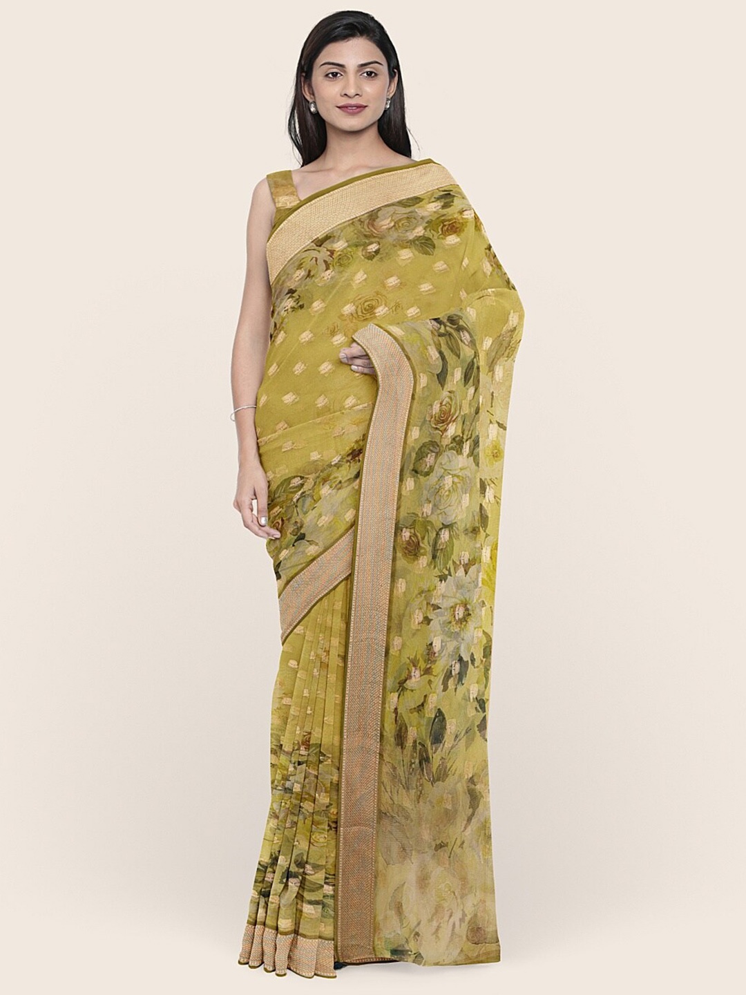 

Pothys Fluorescent Green & Gold-Toned Floral Zari Organza Saree