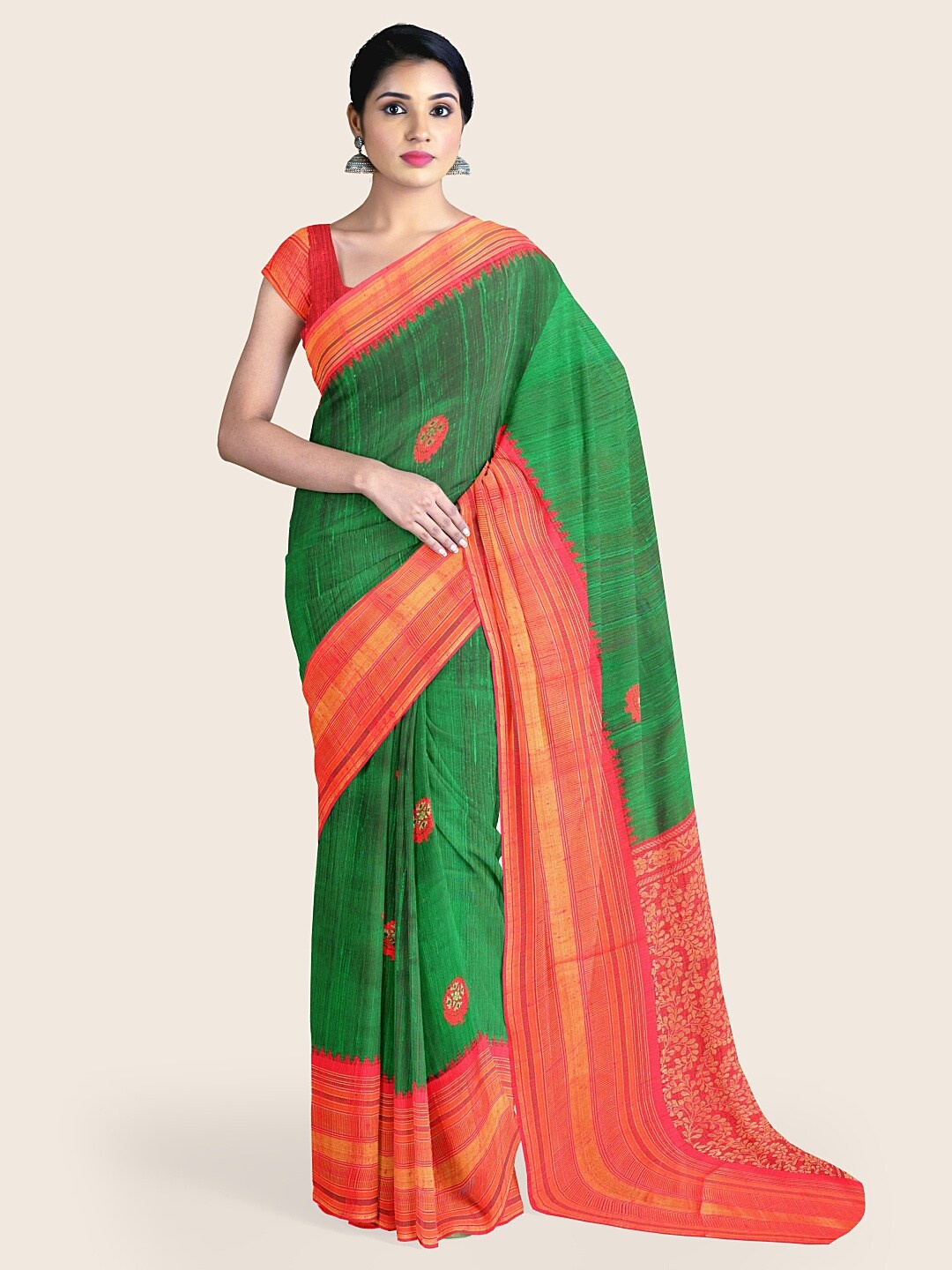 

Pothys Green & Red Ethnic Motifs Jute Silk Saree