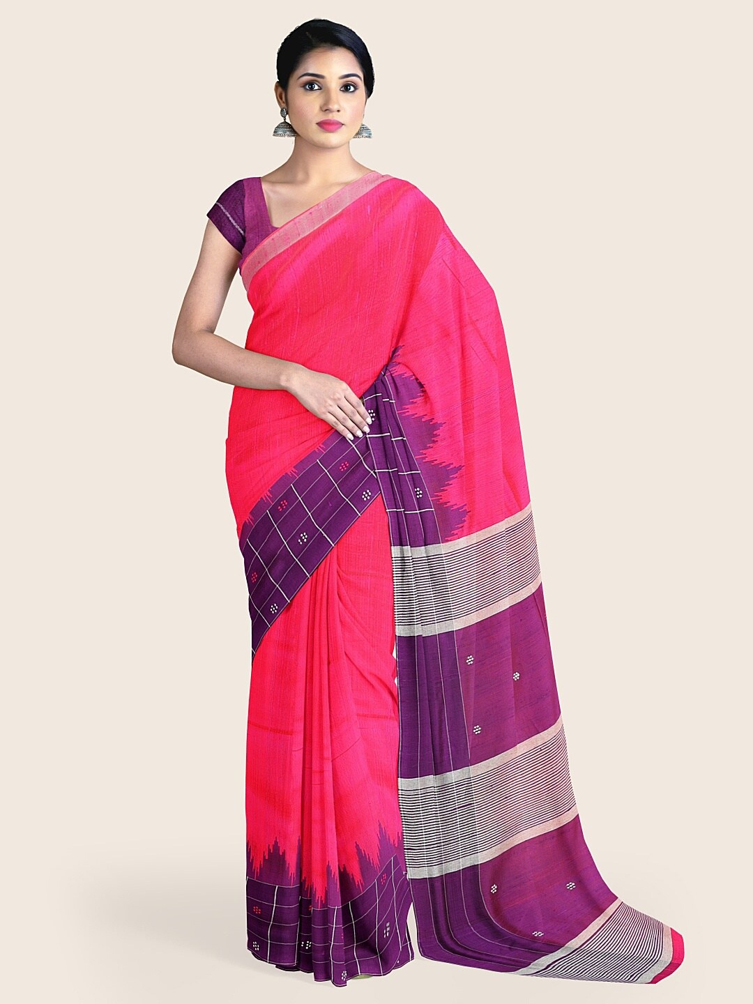 

Pothys Pink & Purple Checked Jute Silk Saree