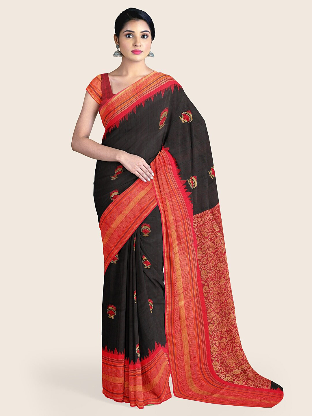 

Pothys Black & Red Floral Jute Silk Saree