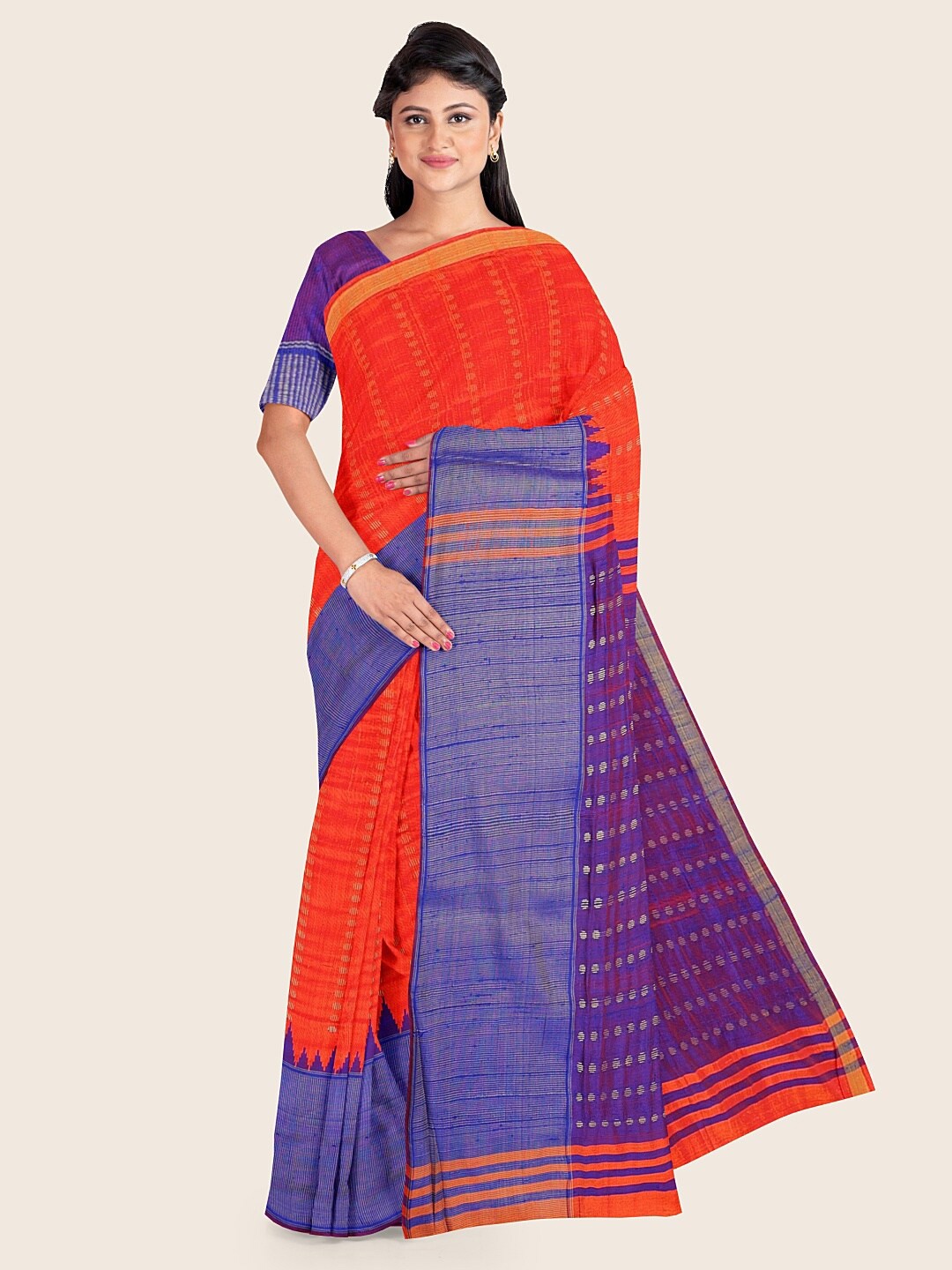 

Pothys Blue & Red Printed Zari Jute Silk Saree