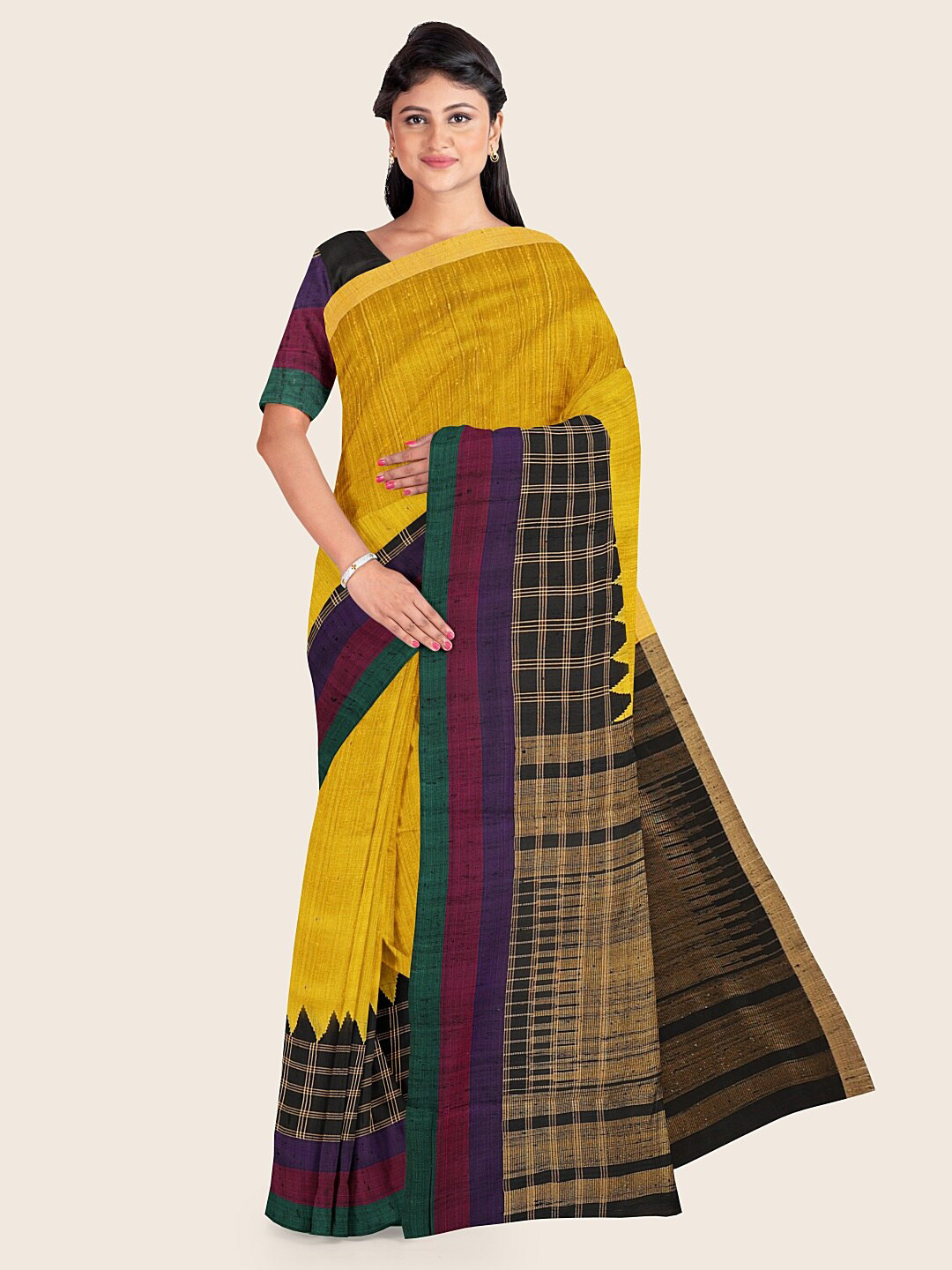 

Pothys Yellow & Green Geometric Printed Jute Silk Saree