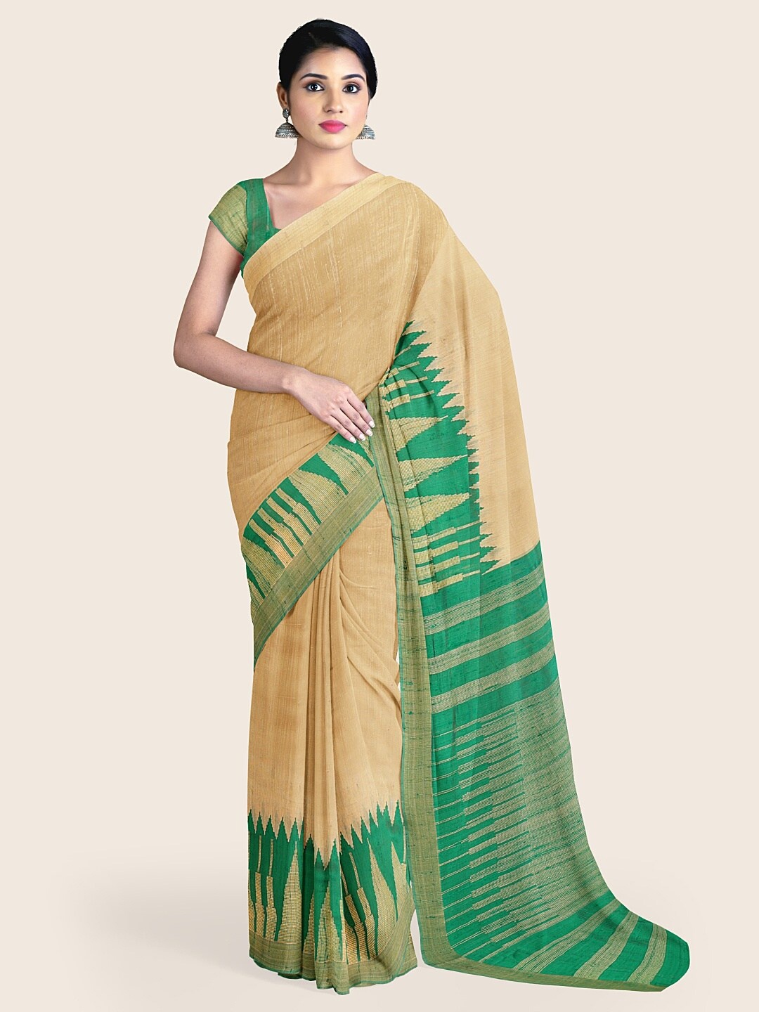 

Pothys Cream-Coloured & Green Jute Silk Saree