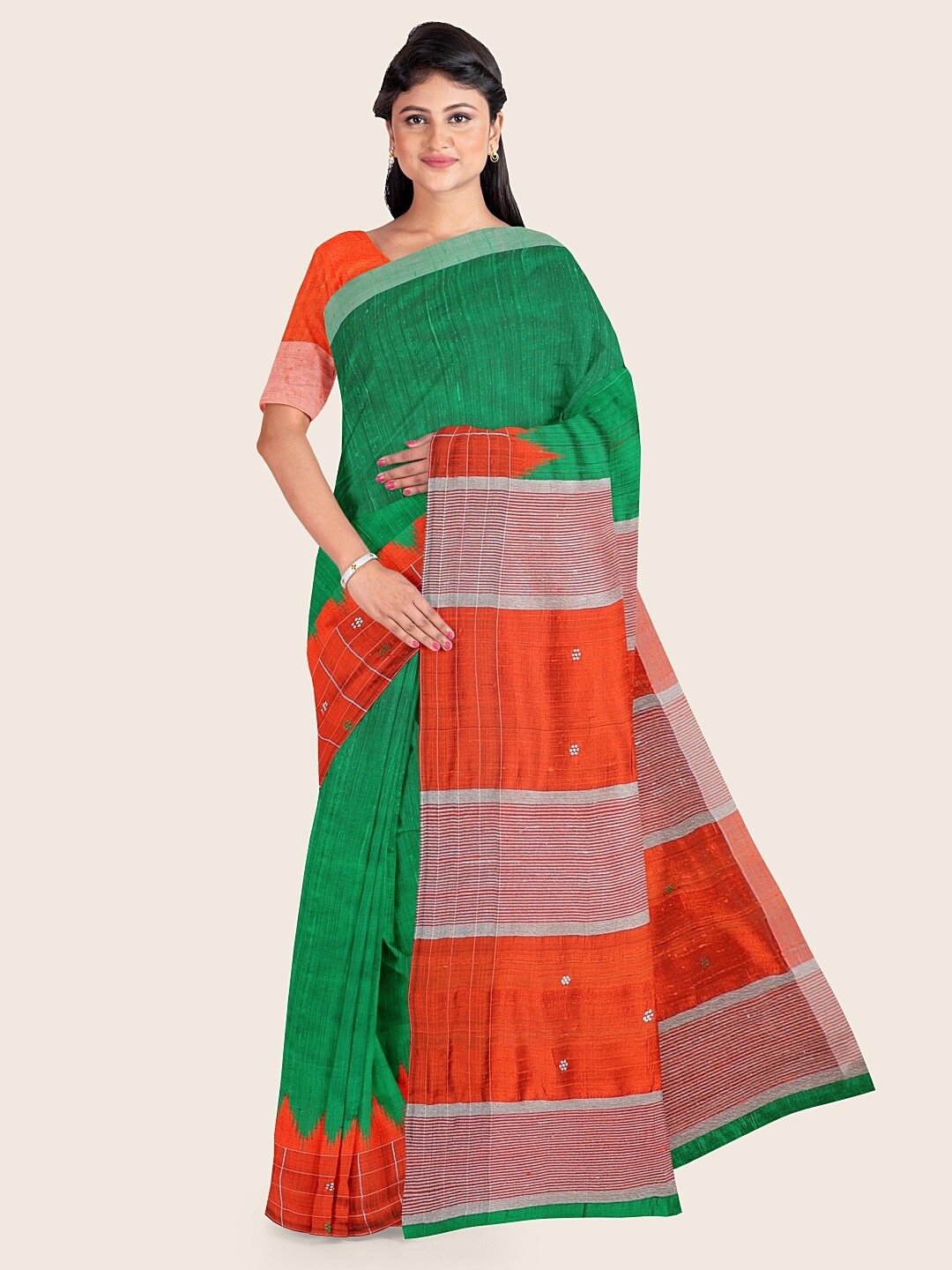 

Pothys Green & Red Woven Design Zari Jute Silk Saree