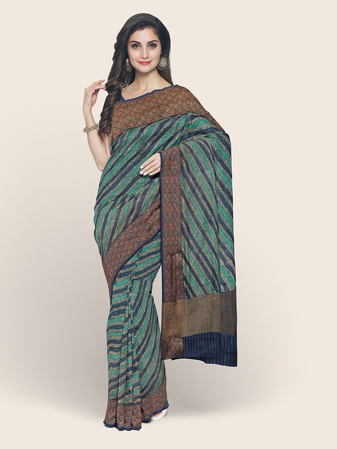 

Pothys Green & Blue Striped Saree
