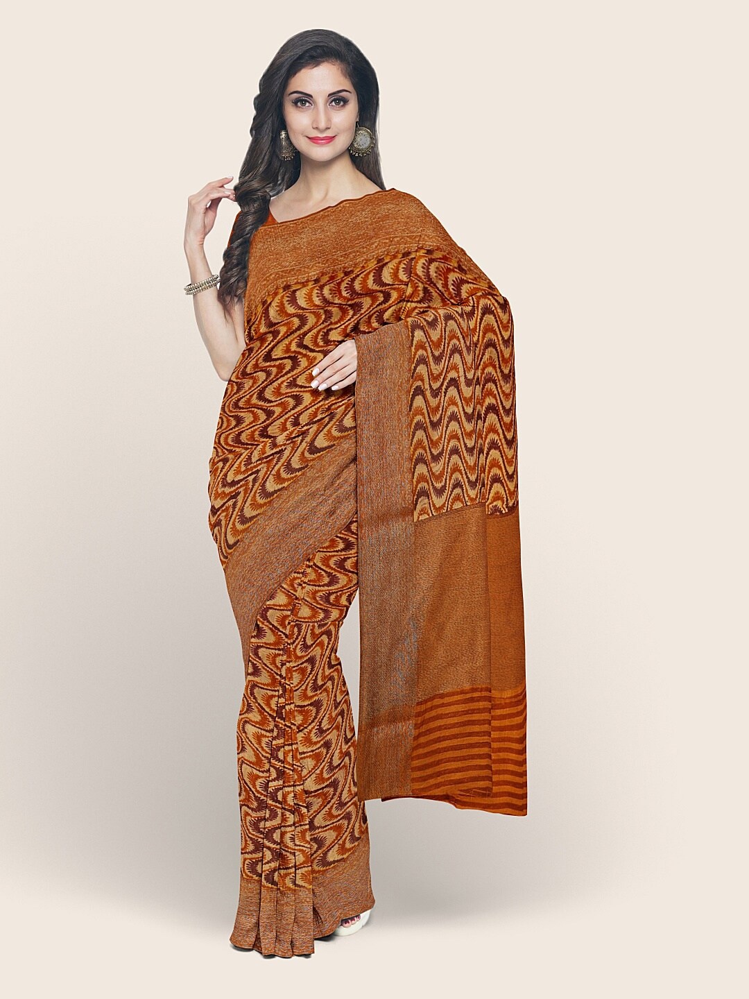 

Pothys Mustard & Brown Printed Cotton Blend Saree