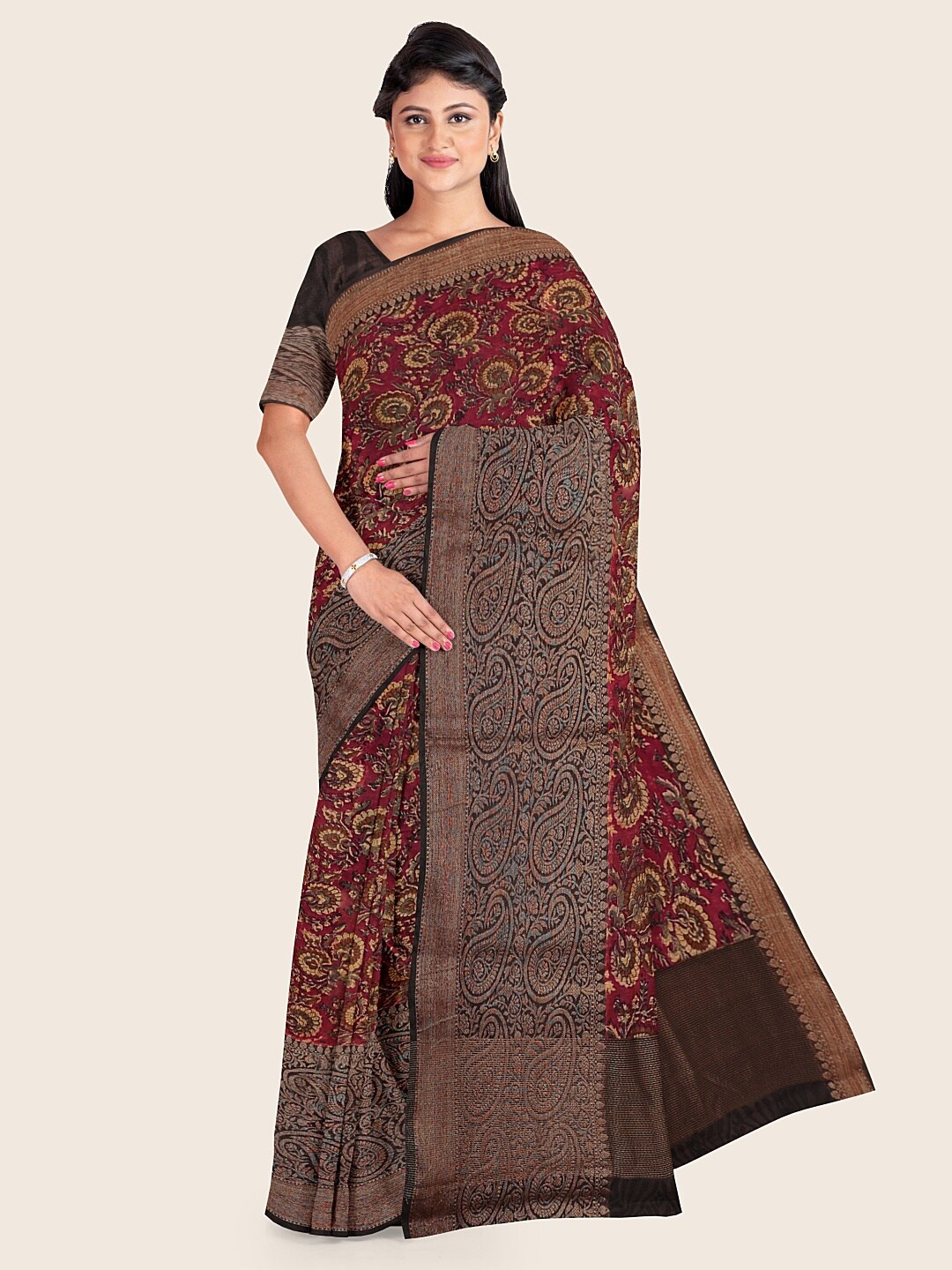 

Pothys Maroon & Beige Floral Printed Cotton Blend Saree