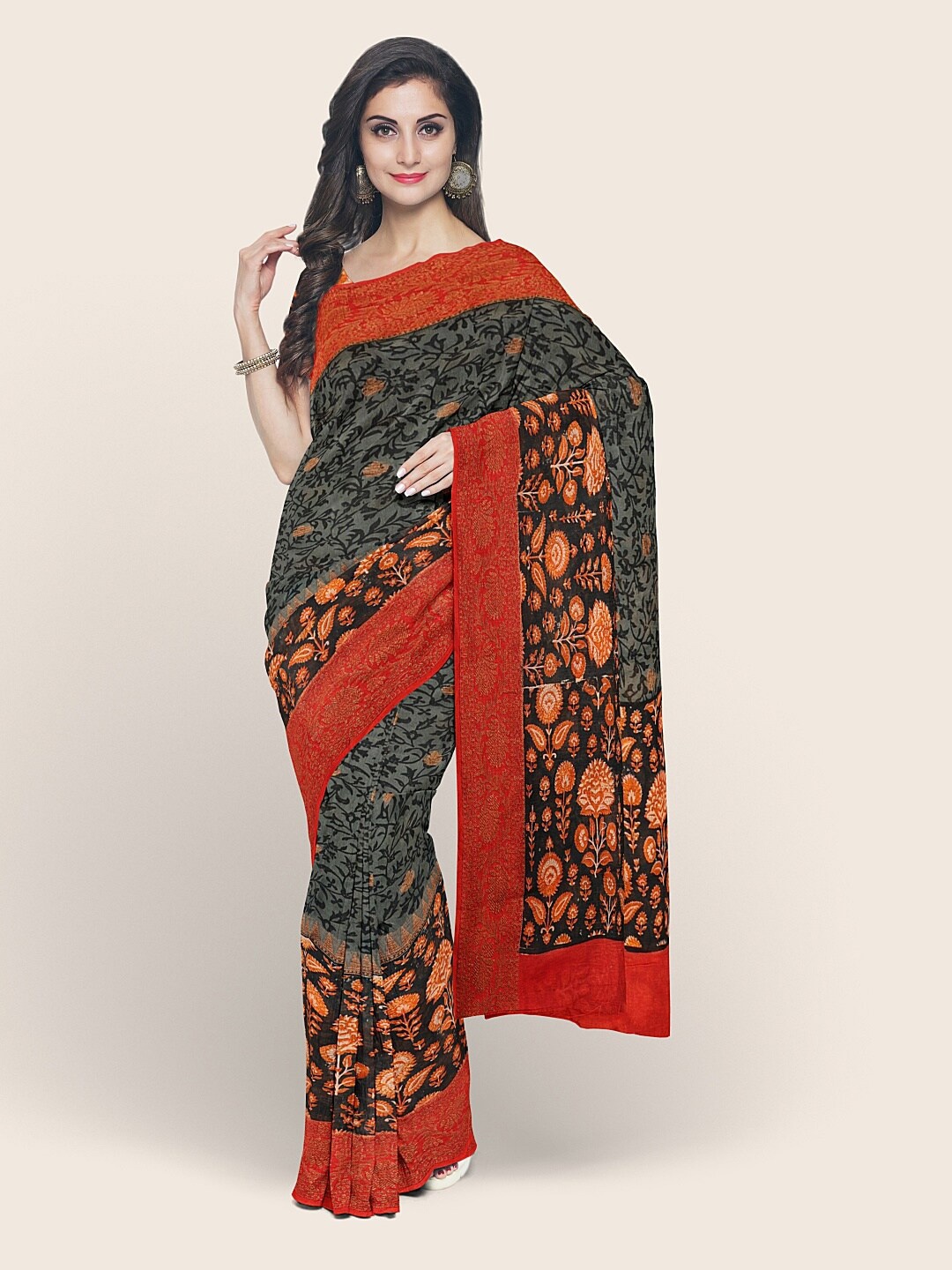 

Pothys Grey & Red Floral Saree