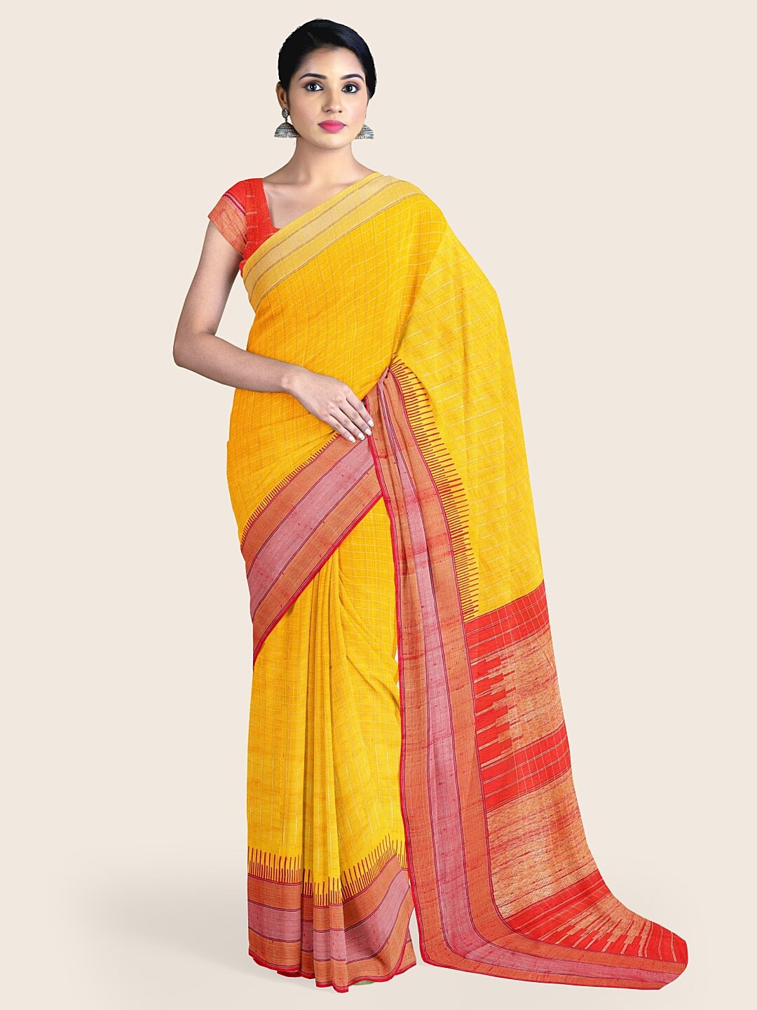 

Pothys Yellow & Red Checked Jute Silk Saree