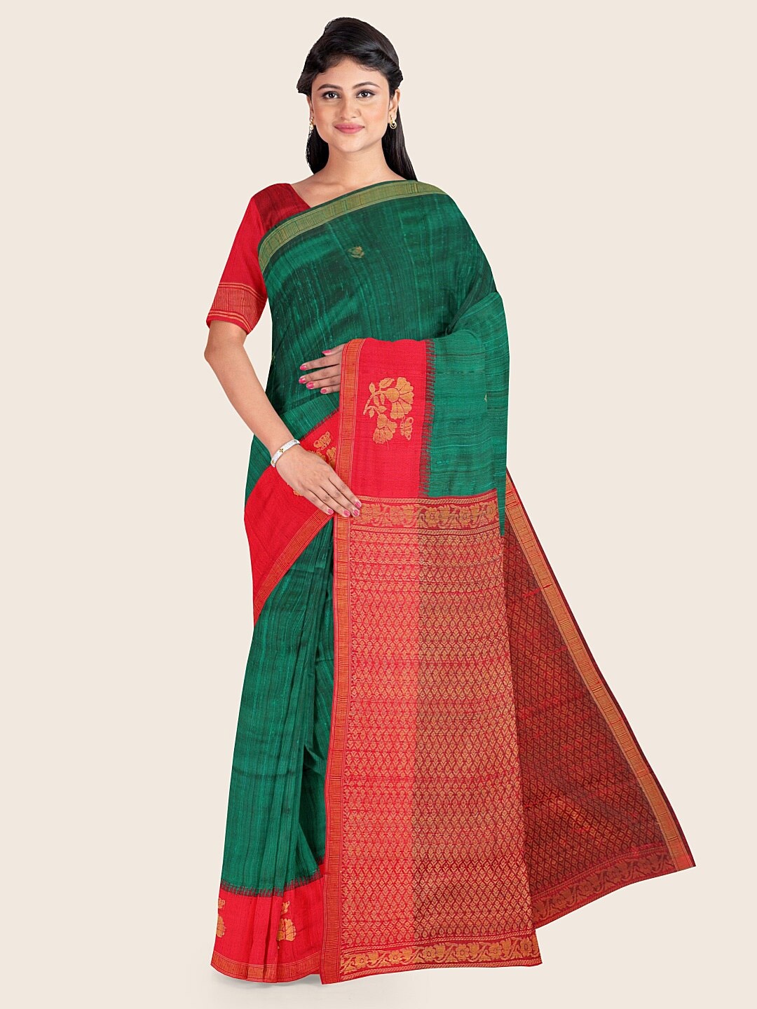

Pothys Green & Red Ethnic Motifs Jute Silk Saree