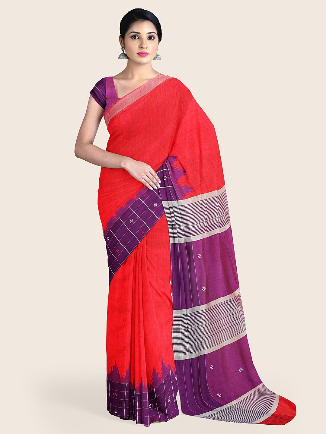

Pothys Red & Purple Jute Silk Saree