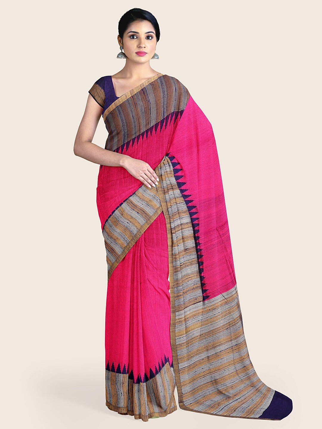 

Pothys Pink & Navy Blue Jute Silk Saree