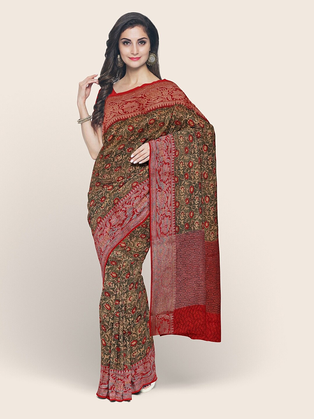 

Pothys Green & Red Floral Printed Chanderi Saree