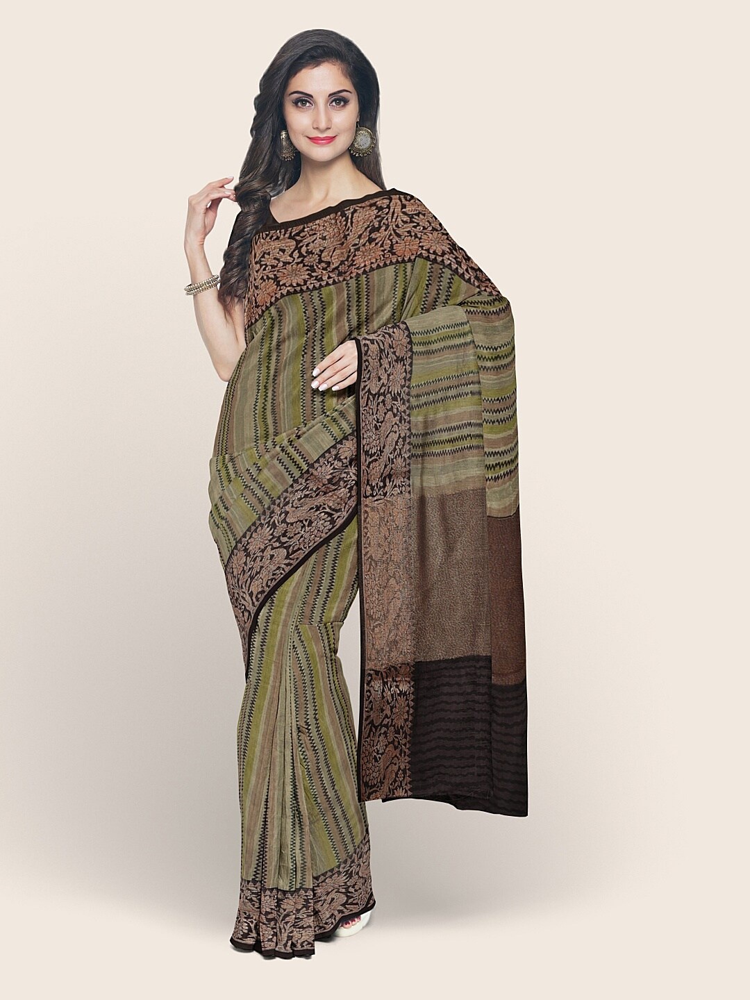 

Pothys Green & Black Striped Zari Chanderi Saree