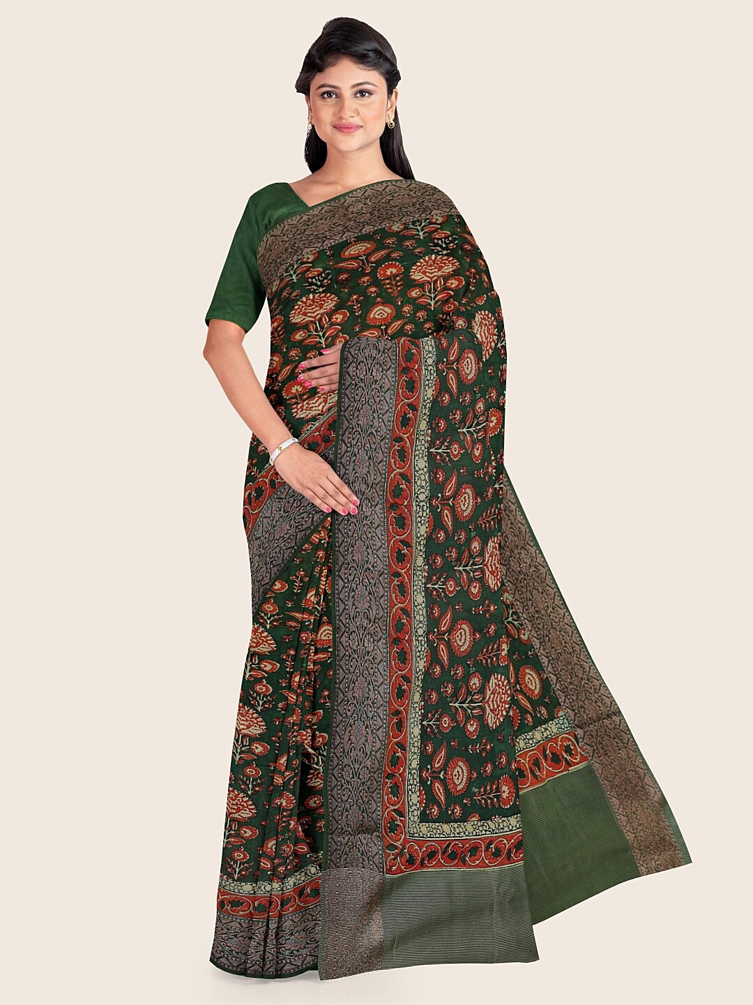 

Pothys Green & Red Floral Printed Cotton Saree