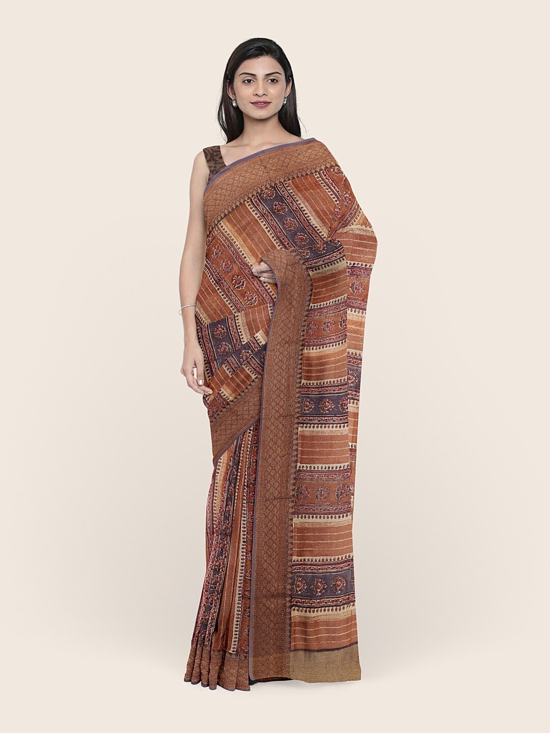 

Pothys Brown & Grey Ethnic Motifs Zari Chanderi Printed Cotton Saree