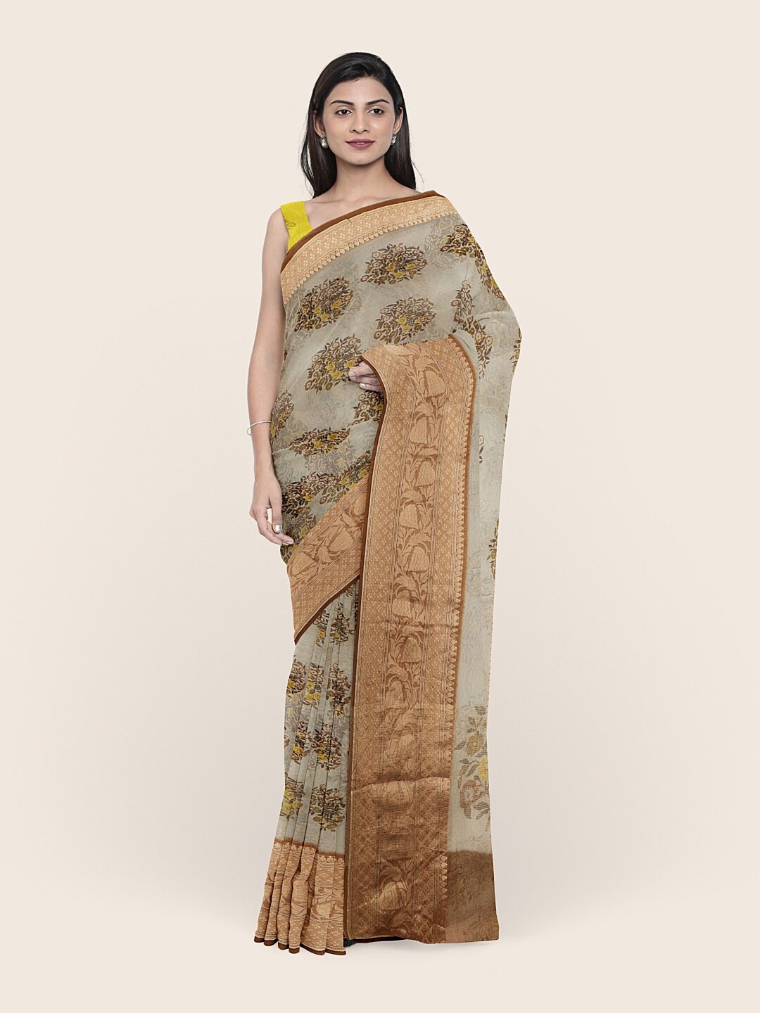 

Pothys Grey & Beige Ethnic Motifs Organza Saree