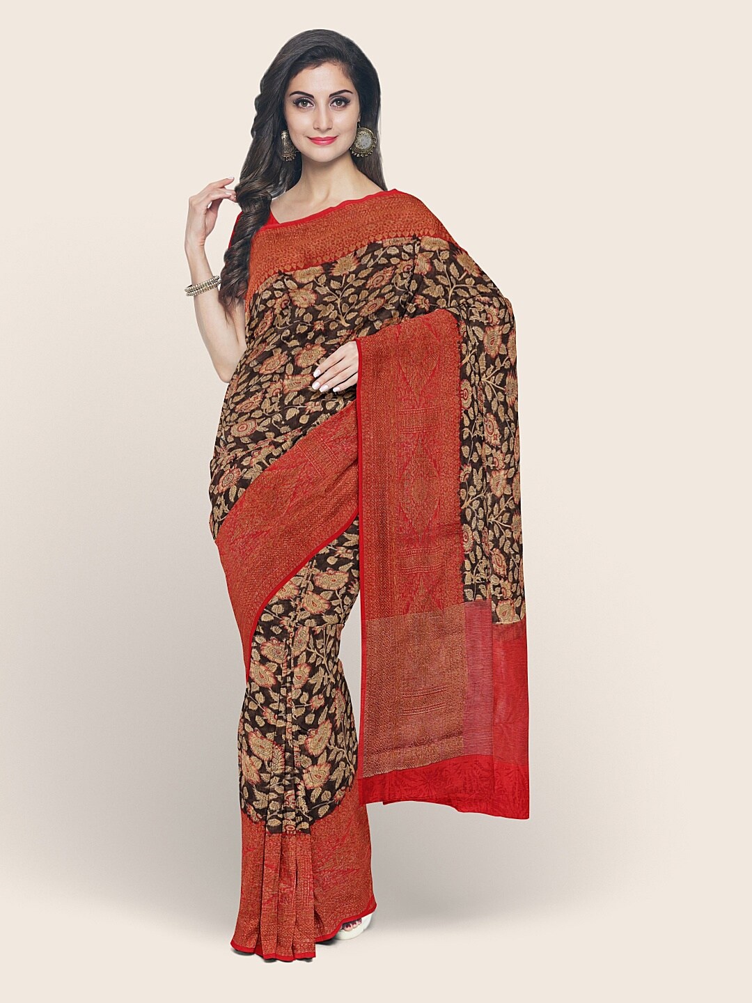 

Pothys Black & Red Floral Printed Cotton Blend Saree