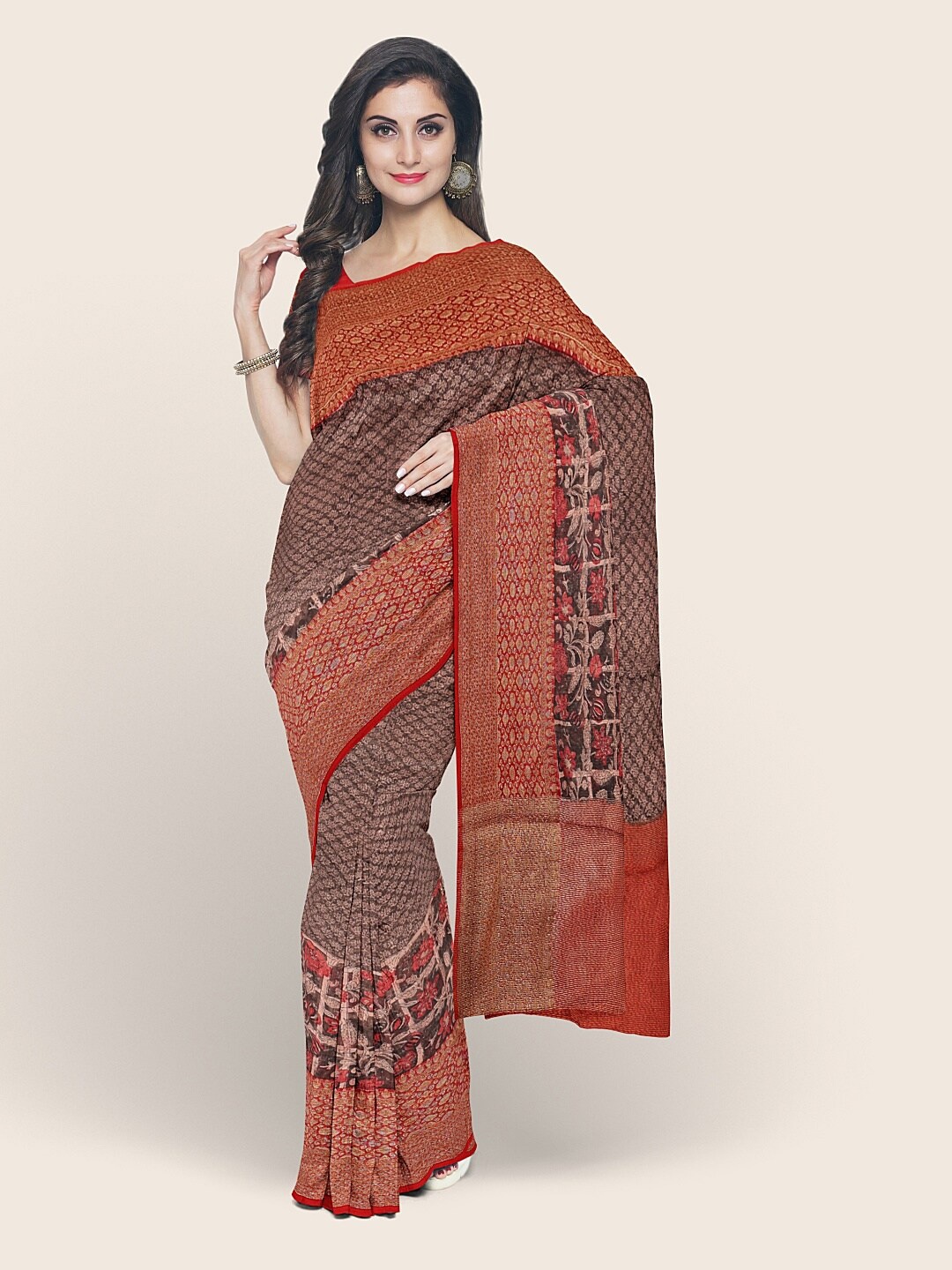 

Pothys Brown & Red Woven Design Zari Chanderi Printed Cotton Saree