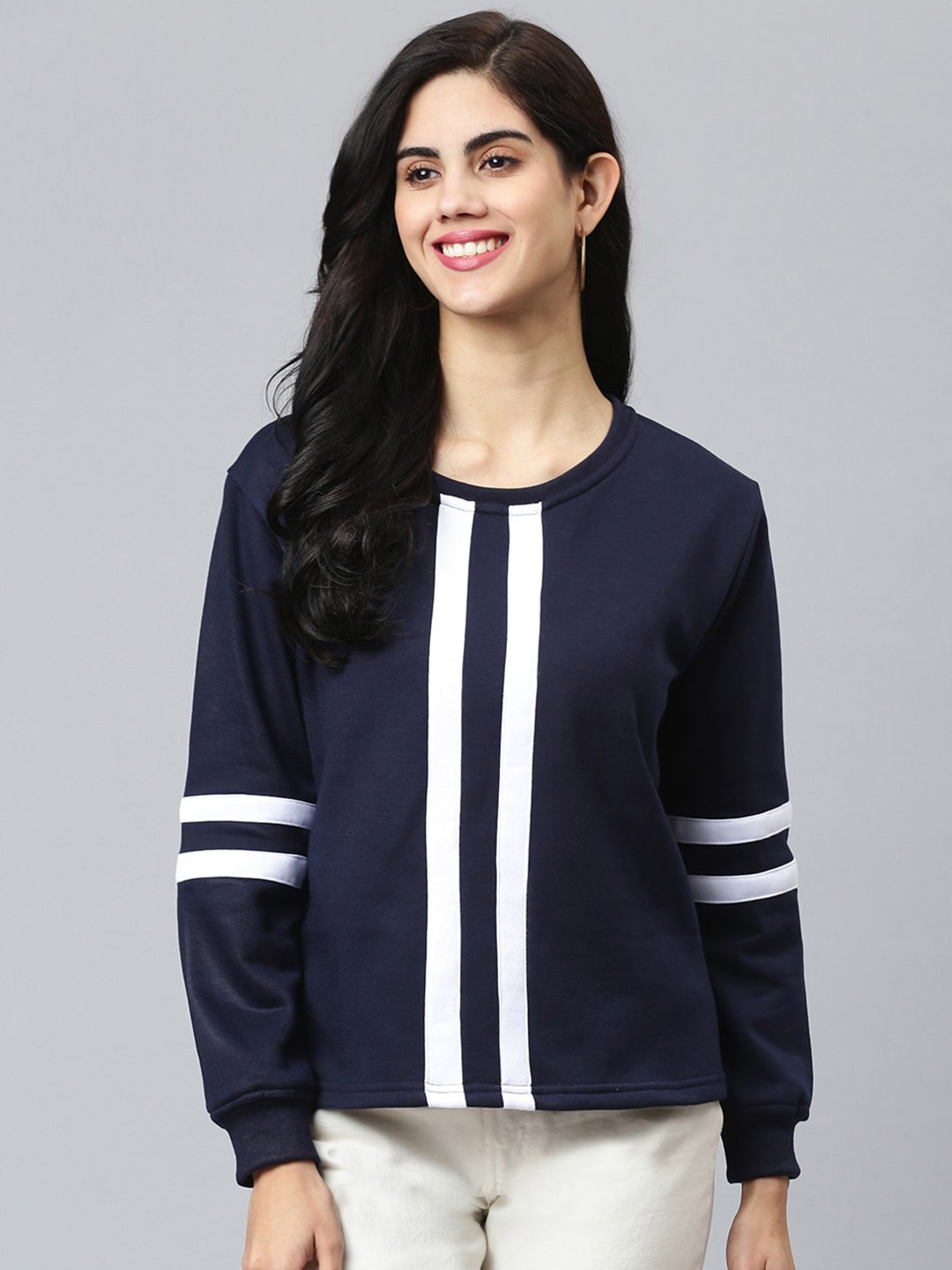 

FLAMBOYANT Women Navy Blue & White Striped Sweatshirt