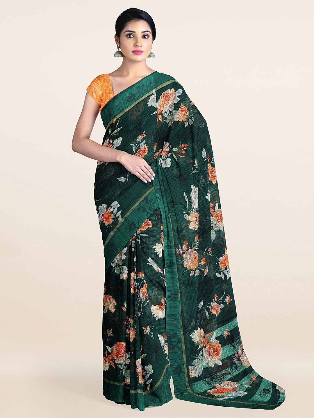 

Pothys Green & Red Floral Cotton Blend Saree