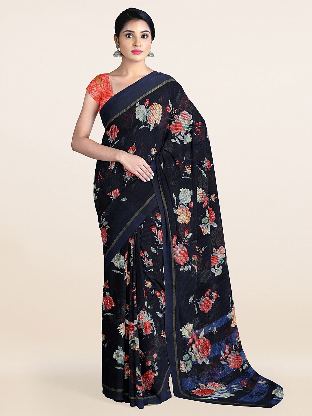 

Pothys Blue & Red Floral Printed Cotton Blend Saree