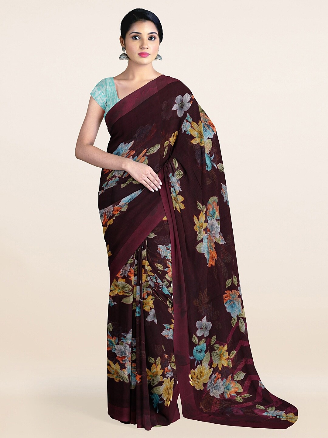 

Pothys Brown & Blue Floral Printed Cotton Blend Saree