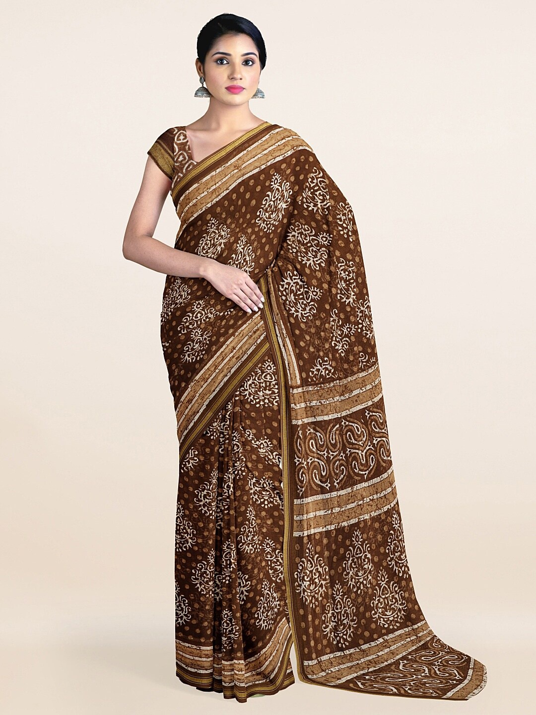 

Pothys Brown & Off-White Gold-Toned Ethnic Motifs Printed Cotton Saree