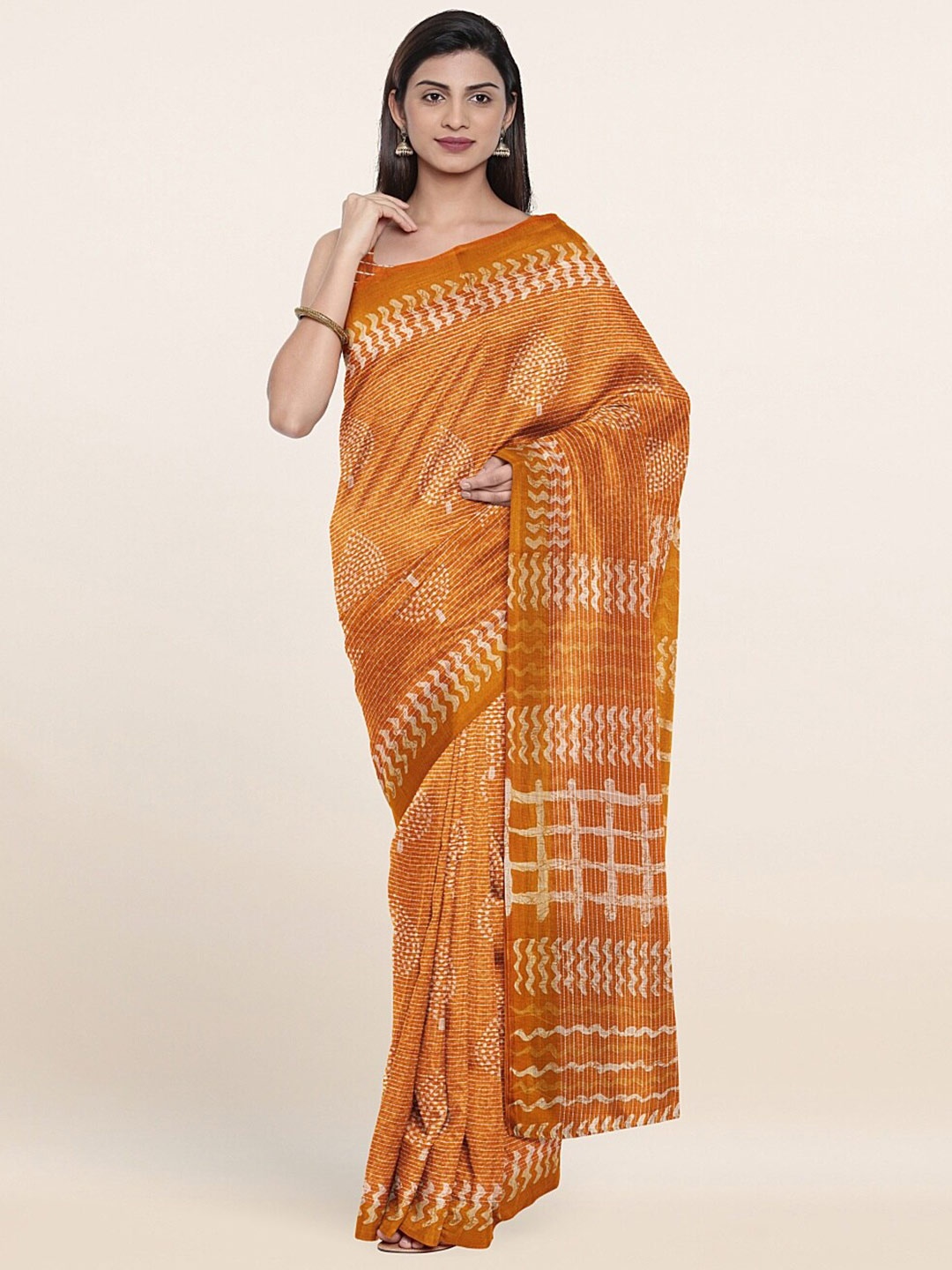

Pothys Mustard & White Printed Zari Saree