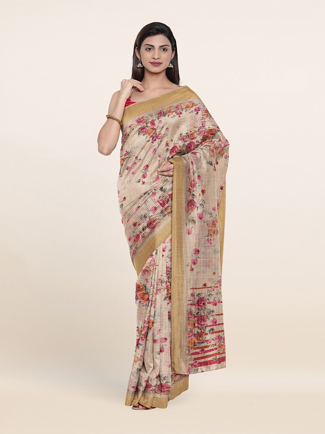 

Pothys Cream-Coloured & Gold-Toned Floral Zari Saree