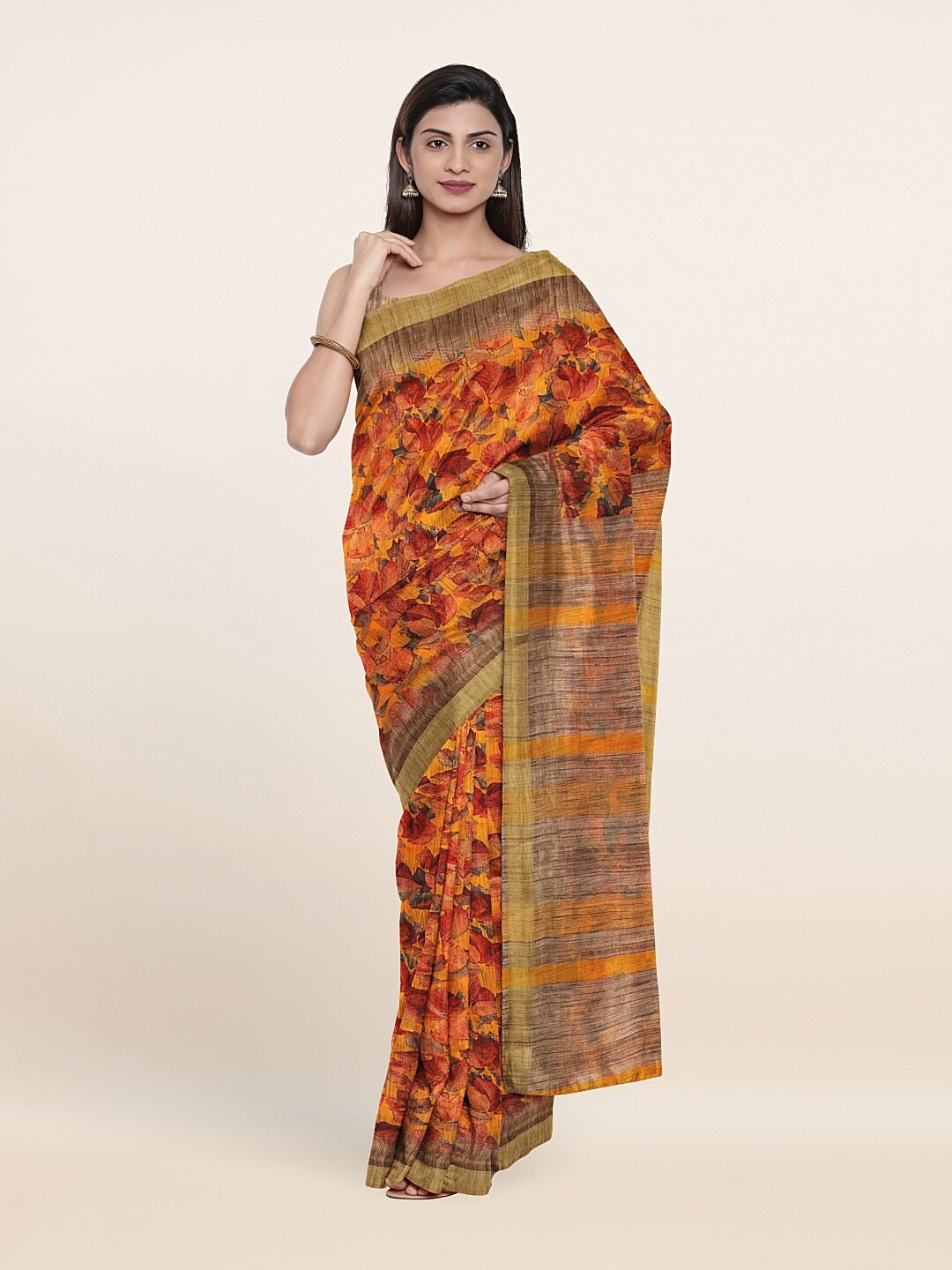 

Pothys Mustard & Brown Floral Printed Zari Saree