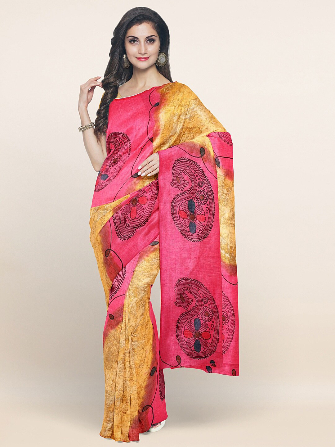 

Pothys Pink & Yellow Paisley Printed Pure Cotton Saree