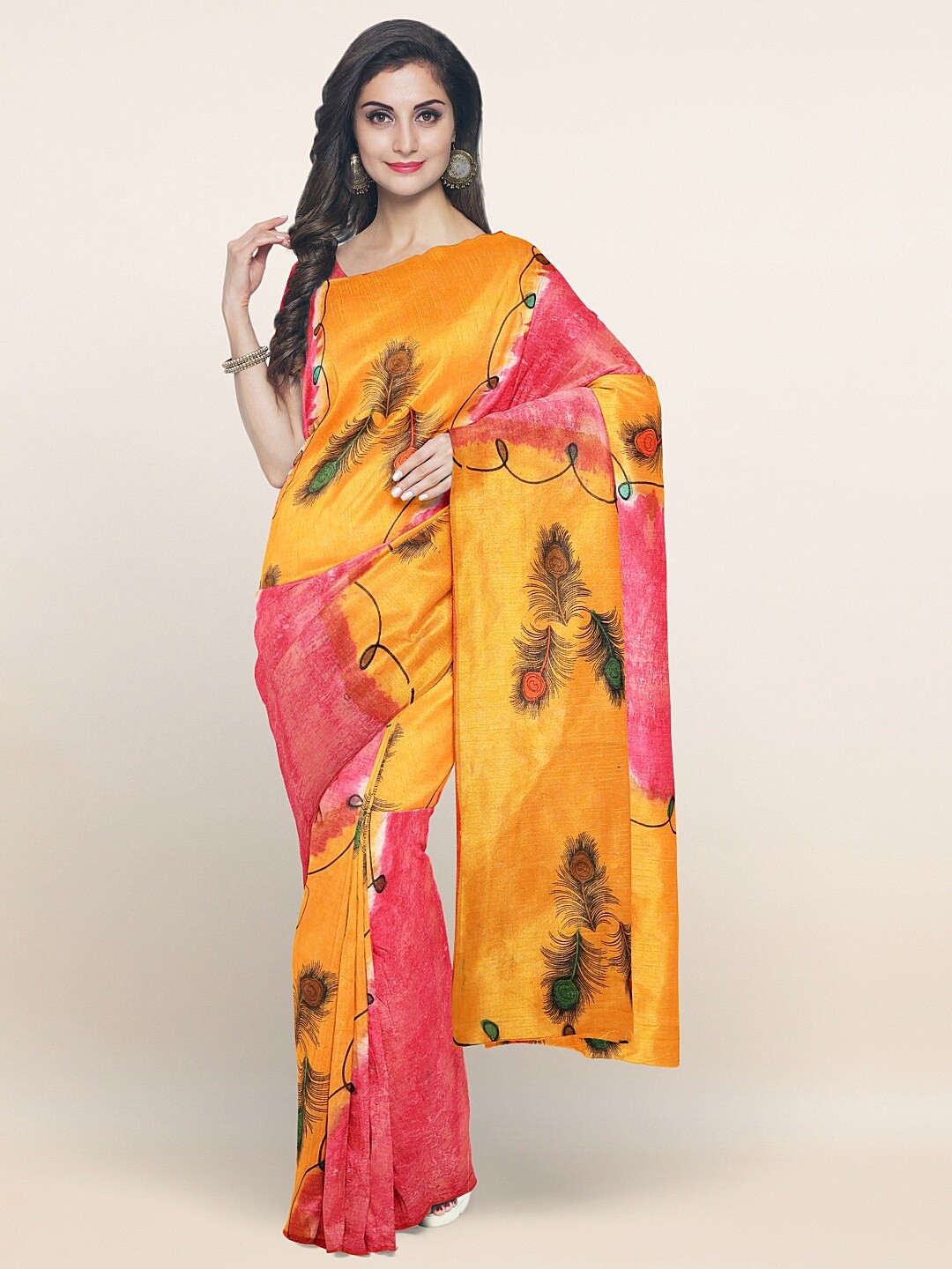 

Pothys Yellow & Pink Ethnic Motifs Printed Pure Cotton Saree