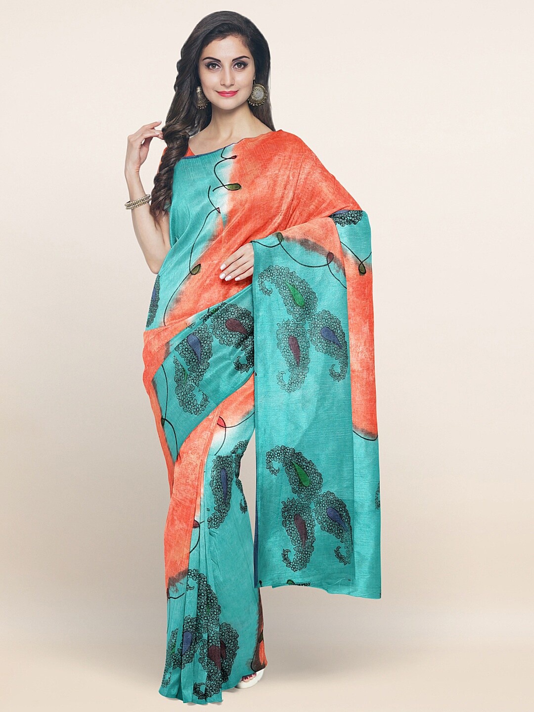 

Pothys Blue & Orange Paisley Printed Pure Cotton Saree