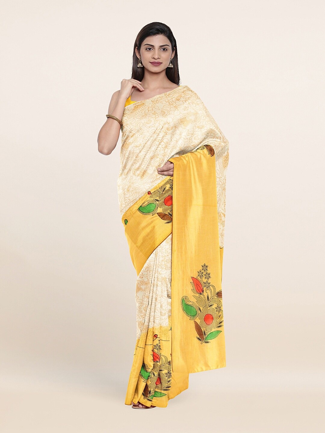 

Pothys Cream-Coloured & Yellow Floral Pure Cotton Saree