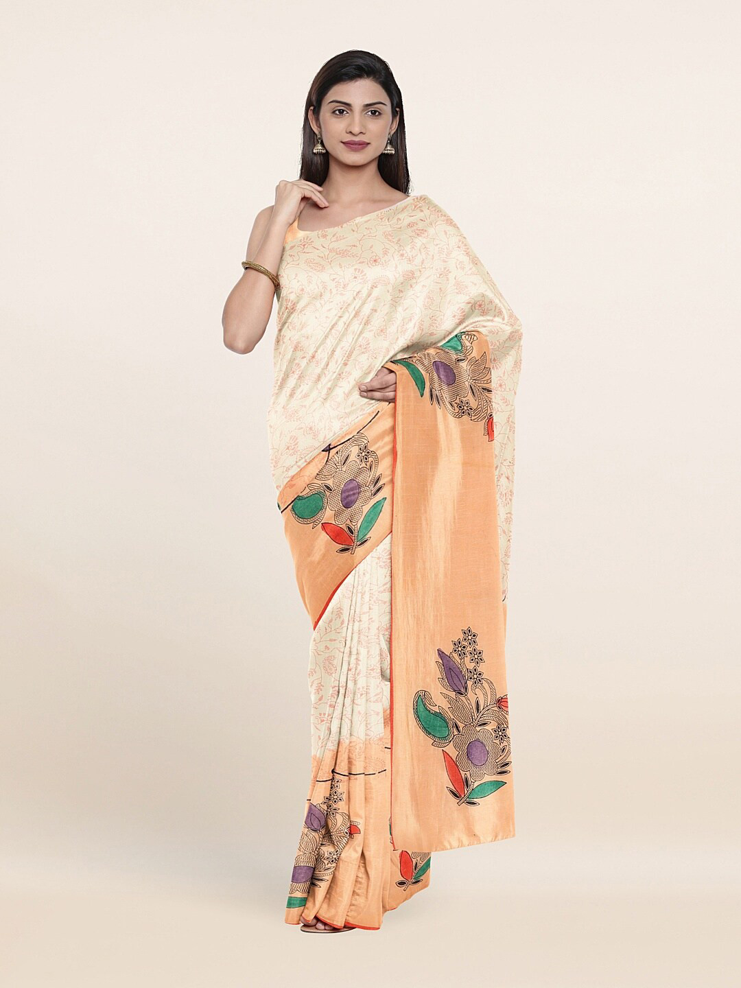 

Pothys Cream-Coloured & Peach-Coloured Floral Pure Cotton Saree