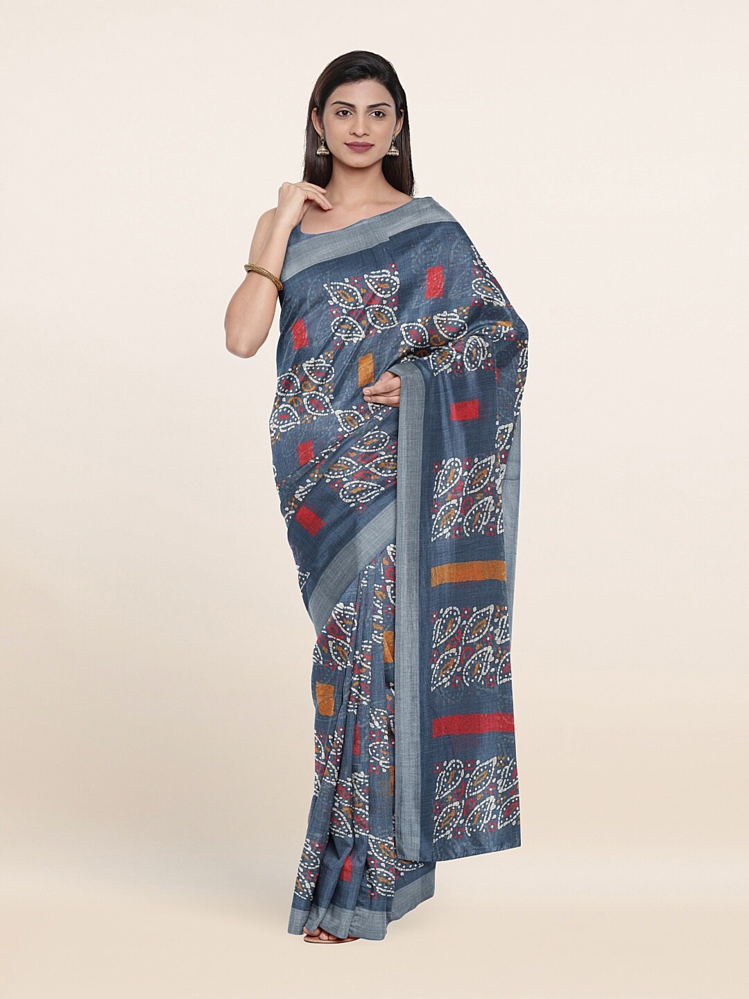 

Pothys Blue Ethnic Motifs Printed Linen Blend Saree