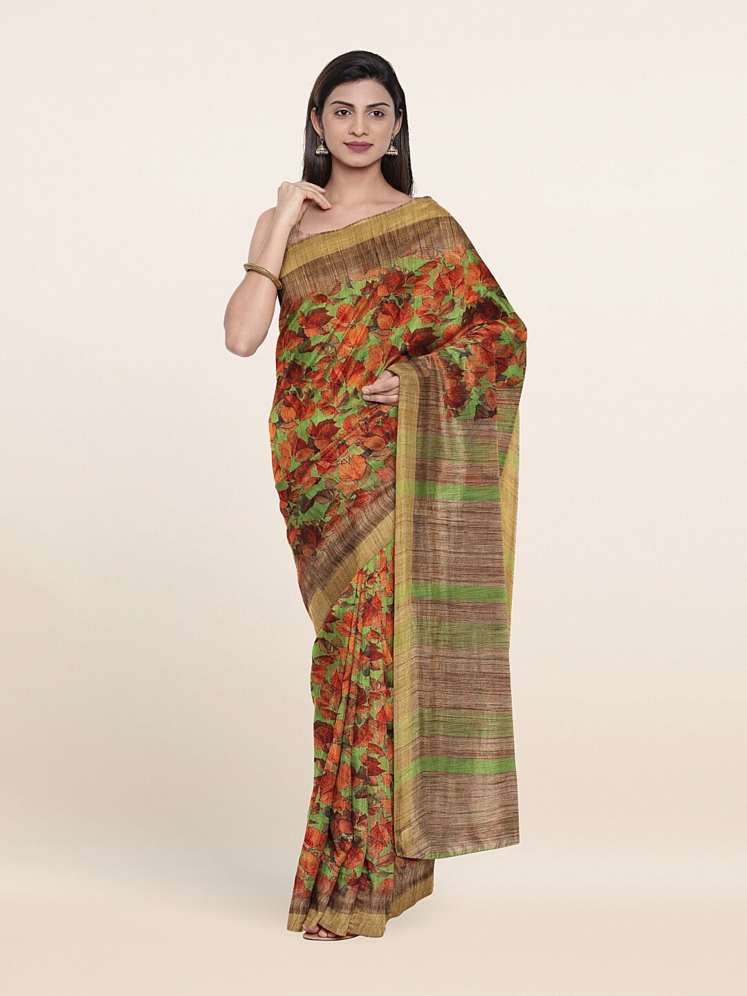 

Pothys Green & Orange Floral Printed Saree