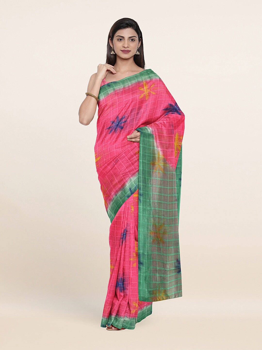 

Pothys Pink & Green Checked Pure Cotton Saree