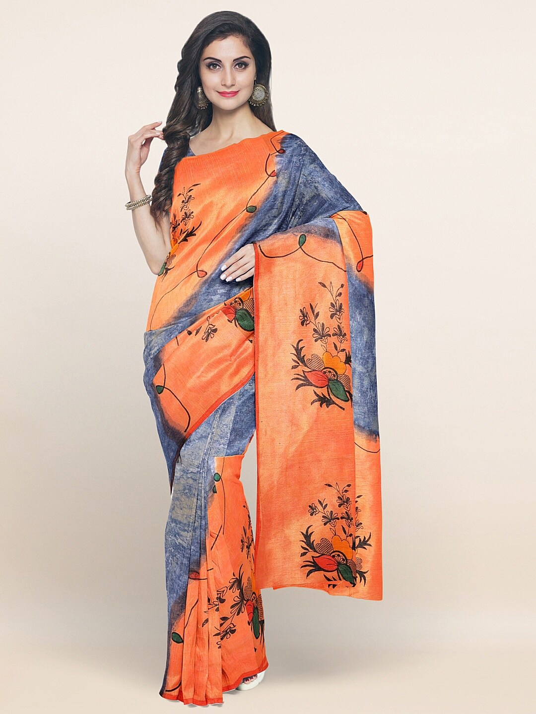 

Pothys Orange & Blue Floral Printed Pure Cotton Saree