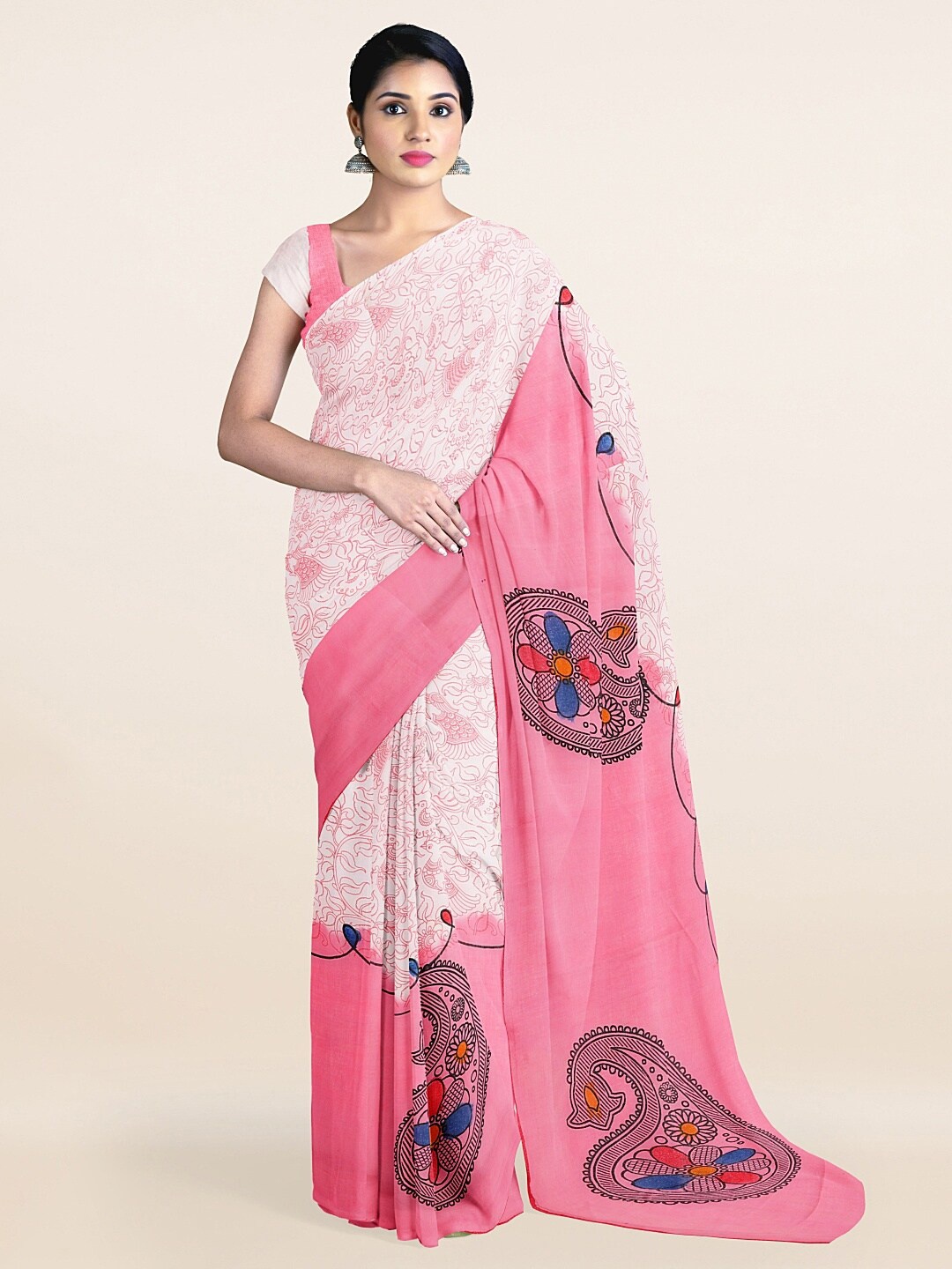 

Pothys Off White & Pink Paisley Pure Cotton Saree