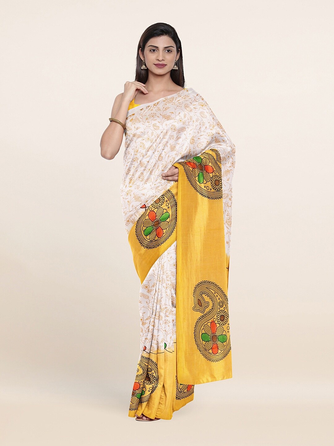 

Pothys Off White & Yellow Floral Pure Cotton Saree