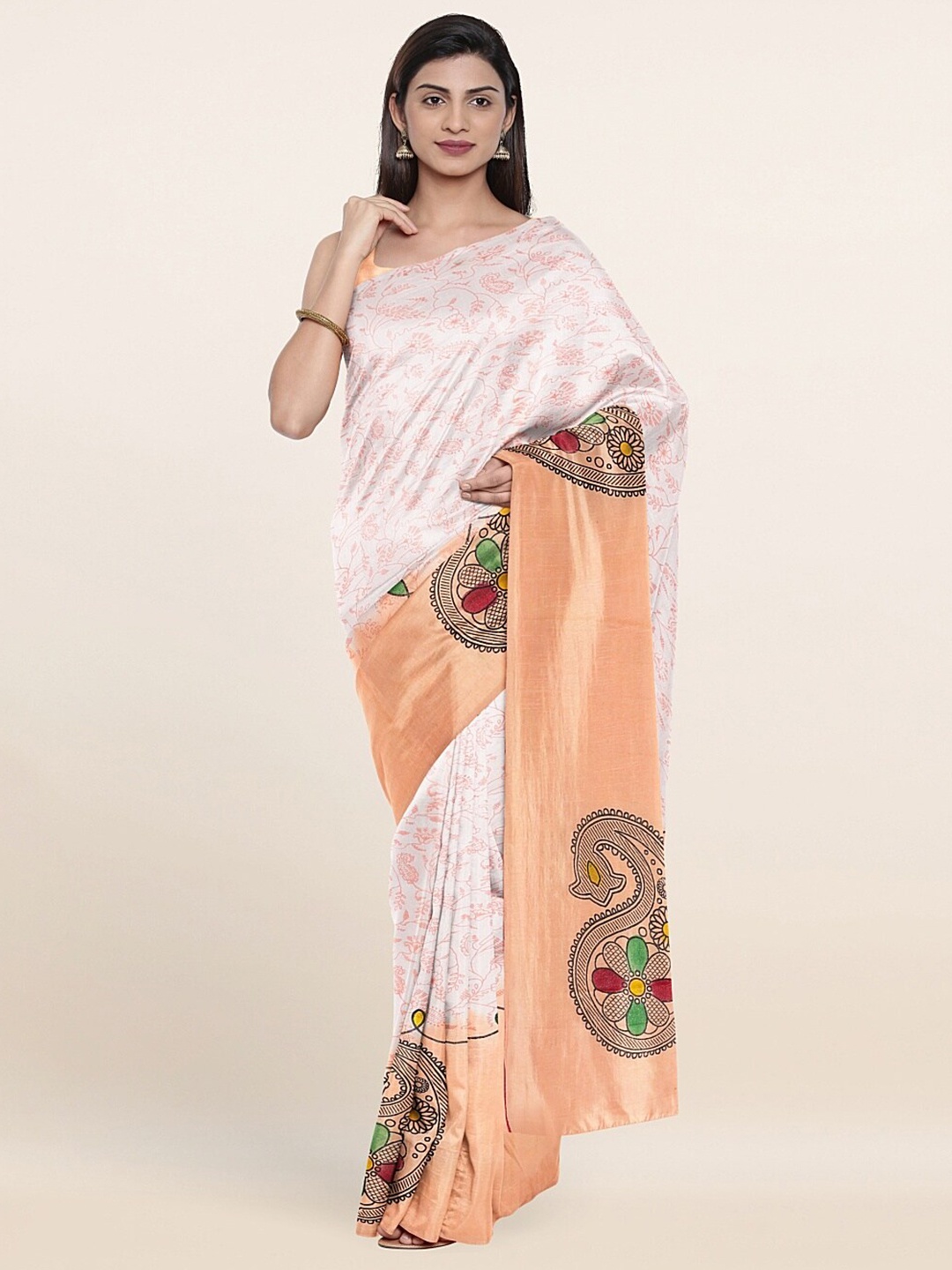 

Pothys Off-White & Peach-Coloured Floral Pure Cotton Saree