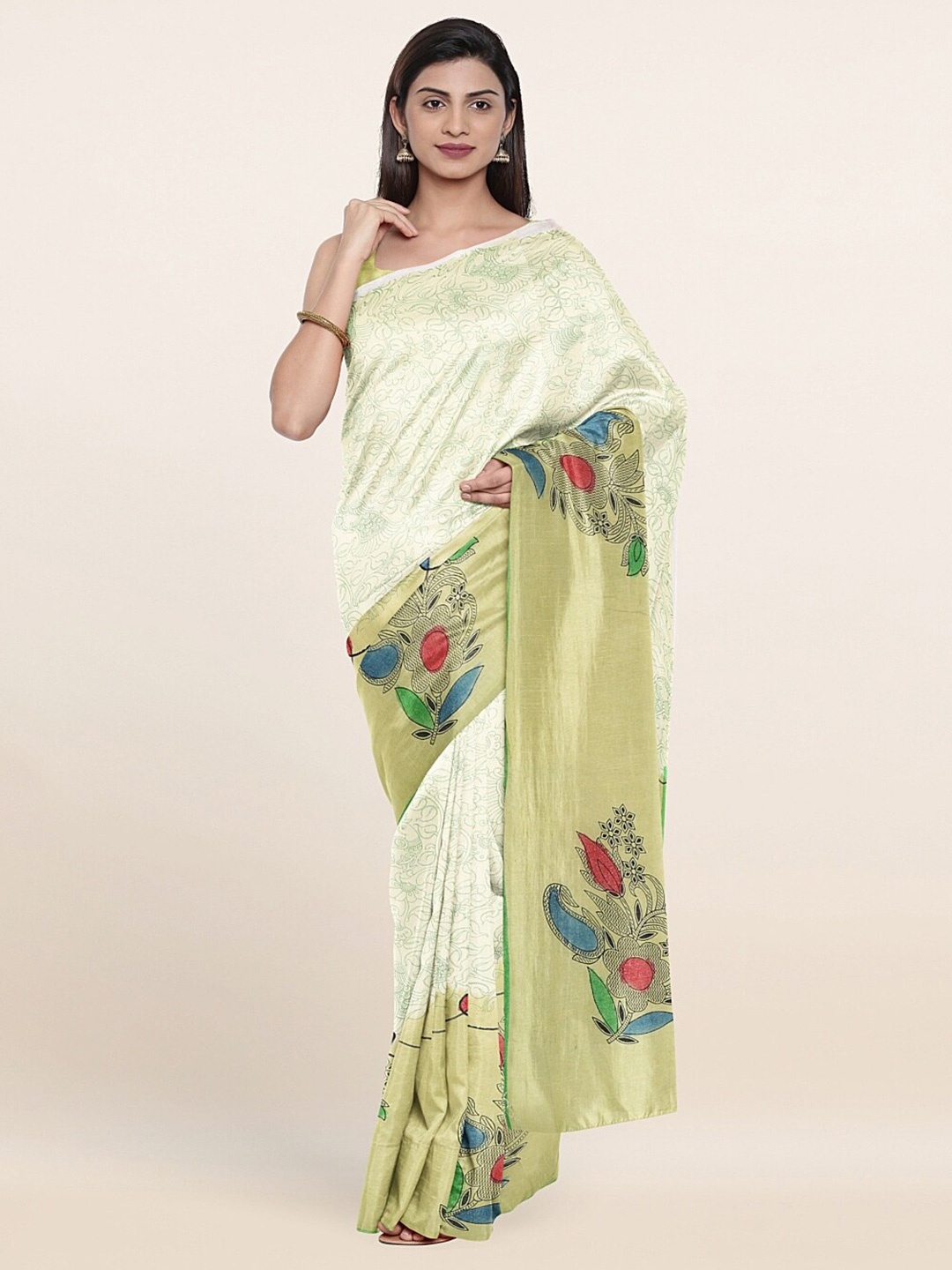 

Pothys Cream-Coloured & Green Ethnic Motifs Pure Cotton Saree