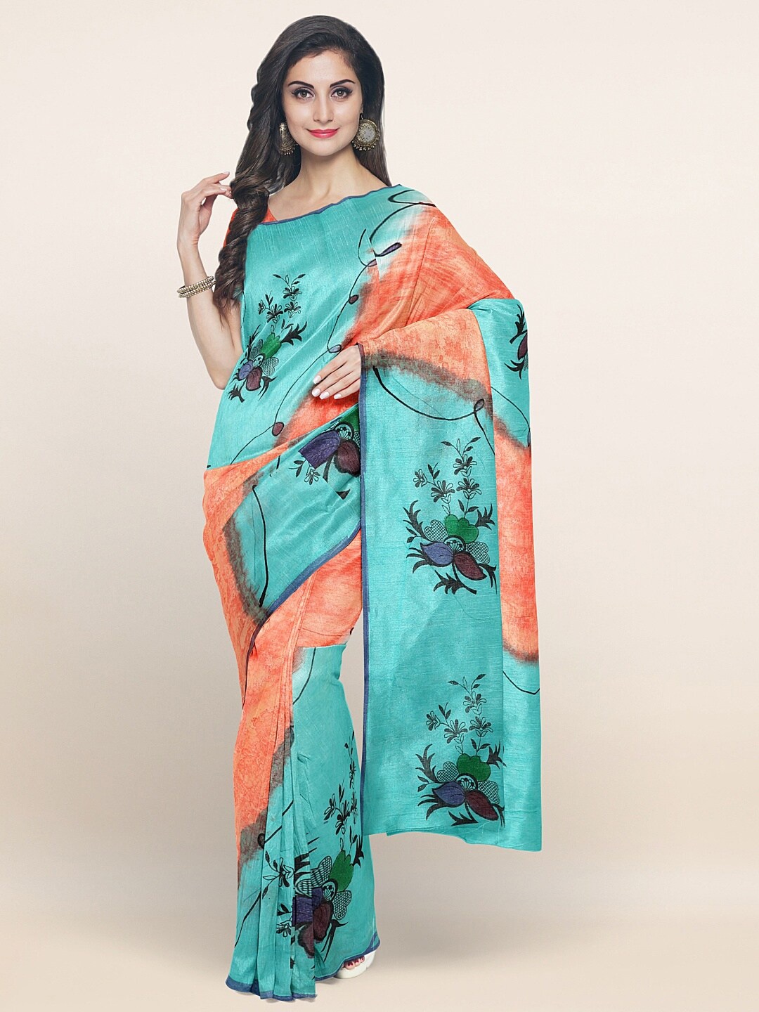 

Pothys Blue & Orange Floral Printed Pure Cotton Saree