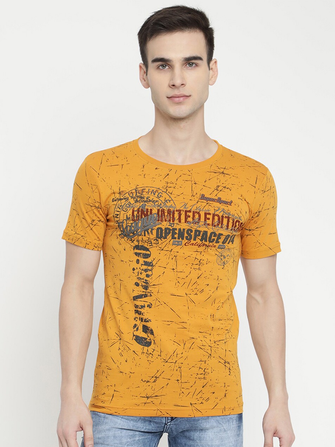 

V2 Value & Variety Men Mustard Yellow Typography Printed T-shirt